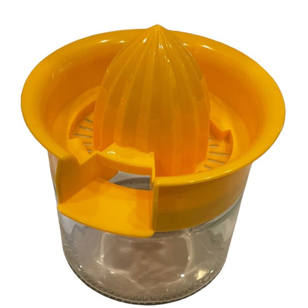 VTG Orange Lemon Juice Reamer Squeezer 12 Oz Container Yellow Top / Glass EUC